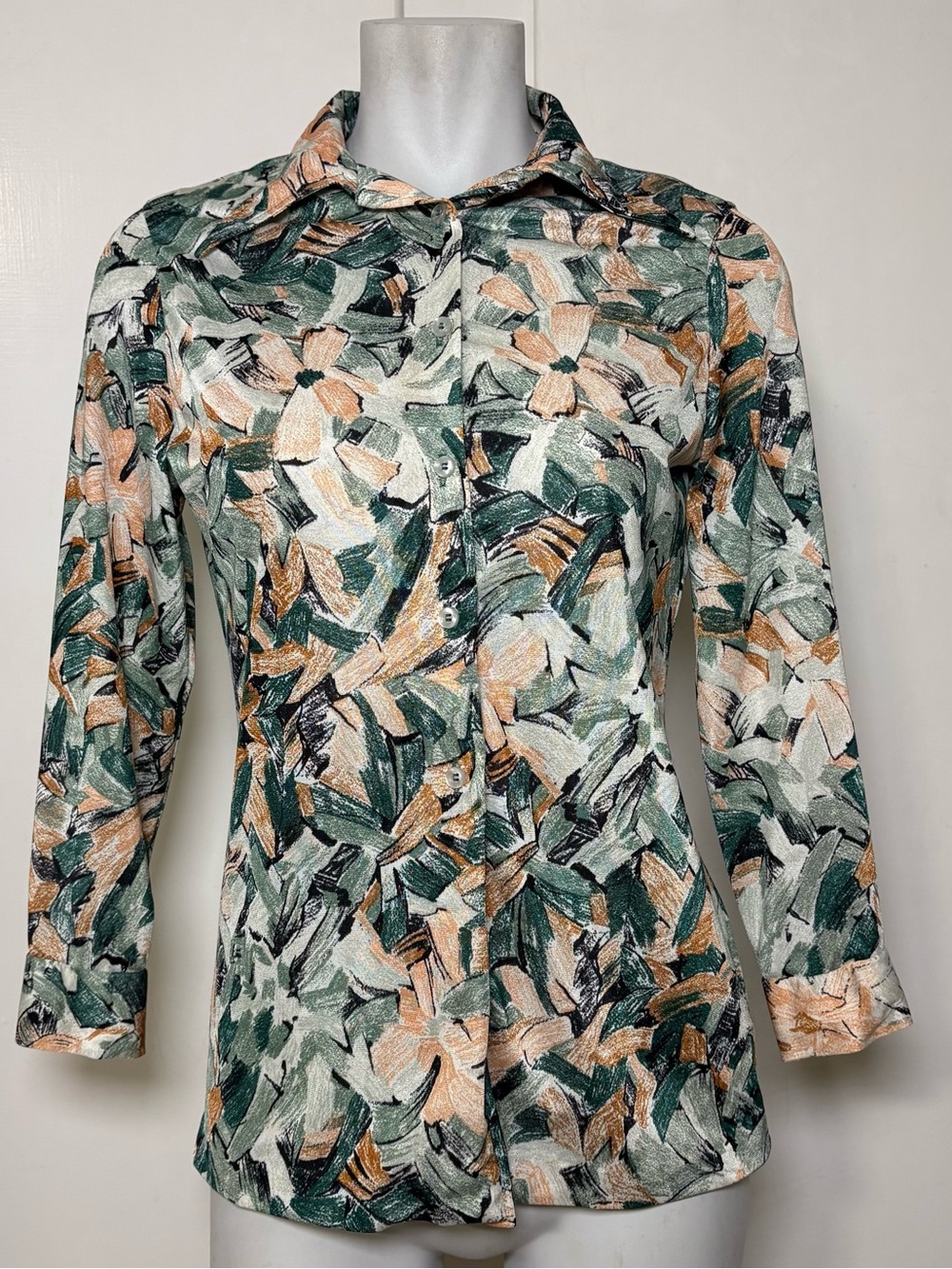 Vintage 70s/80s Green Orange Abstract Floral Button Up Dagger Collar Blouse